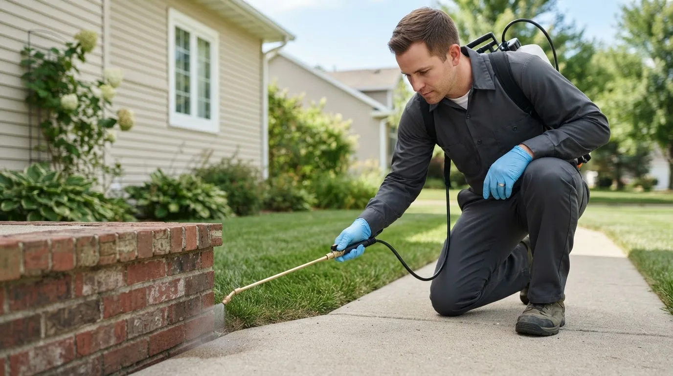 Pest control technician treating a home near Cleveland, AR